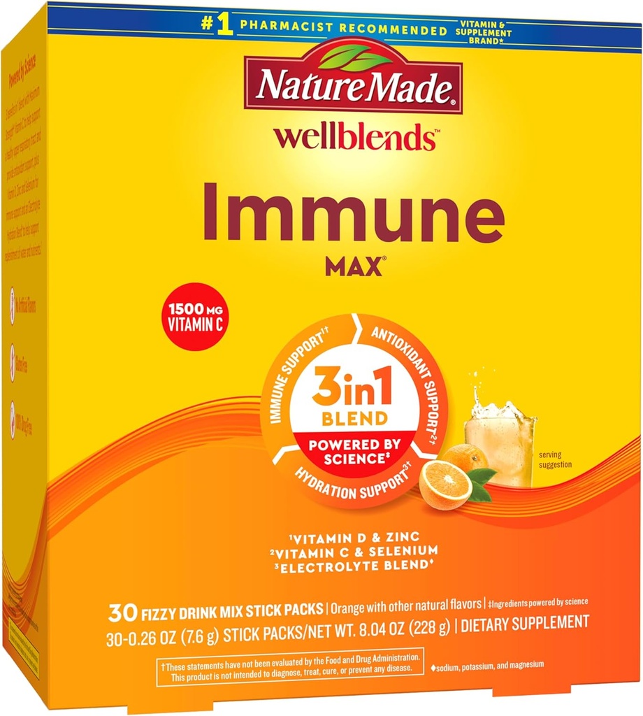 Nature Made Wellblends ImmuneMAX Fizzy Drink Mix, Vitamin C 1500mg, Zinc 15 mg, Vitamin D3 1000 IU (25 mcg), plus B Vitamins and Electrolytes Hydration Blend, 30 Stick Packs 2