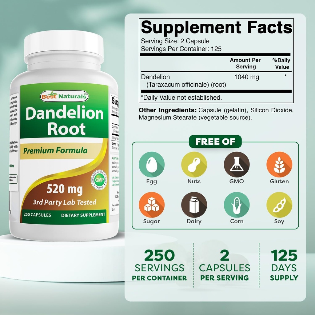 Best Naturals Dandelion Root 520 mg 250 Capsules 3