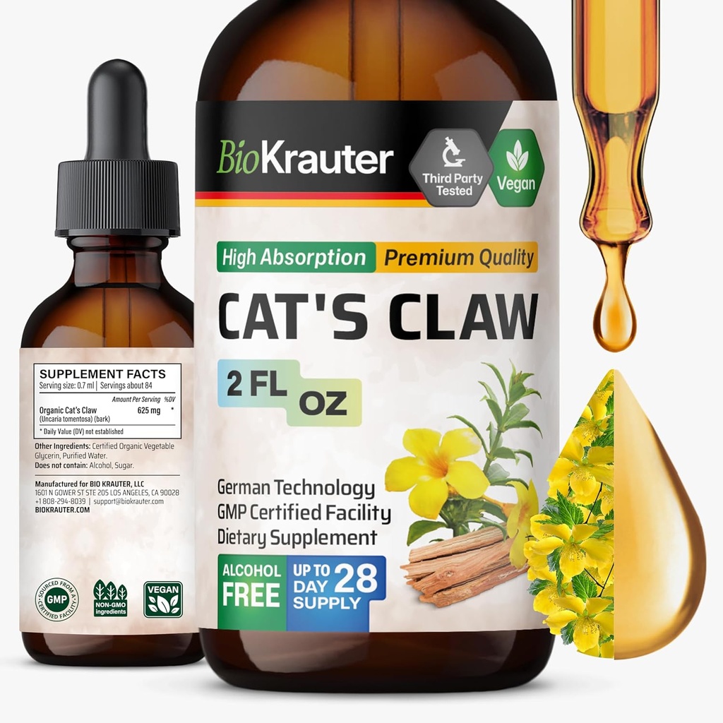 BIO KRAUTER Cats Claw Tincture - Vegan Cat's Claw Supplement - Immune Support - Alcohol & Sugar Free Extract - Vegan Drops 2 Fl.Oz. 2