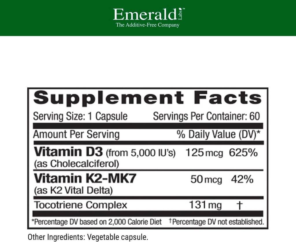 EMERALD LABS Vitamin D3+K2 - Vitamin D & VitalDelta MK-7 for Bone Health & Heart Support* - Vegetarian, Gluten-Free, Clinical Potency - 60 Vegetable Capsules 3
