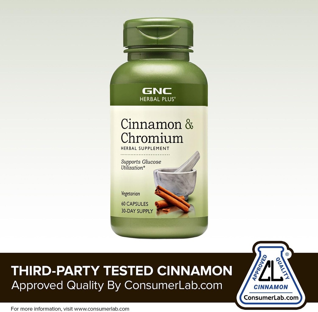 GNC Herbal Plus Cinnamon & Chromium Supplement, Vegetarian, Supports Glucose Utilization, 30 Servings 5