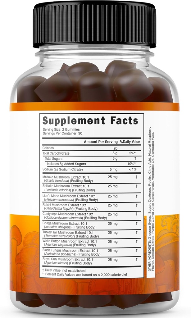 Mushroom Gummies 10 in 1 Blend (60 Gummies with Lions Mane, Cordyceps, Reishi & More Functional Mushrooms) Focus & Brain Gummy Mushroom Supplement - Vegan Safe & Third Party Tested - USA Made 3
