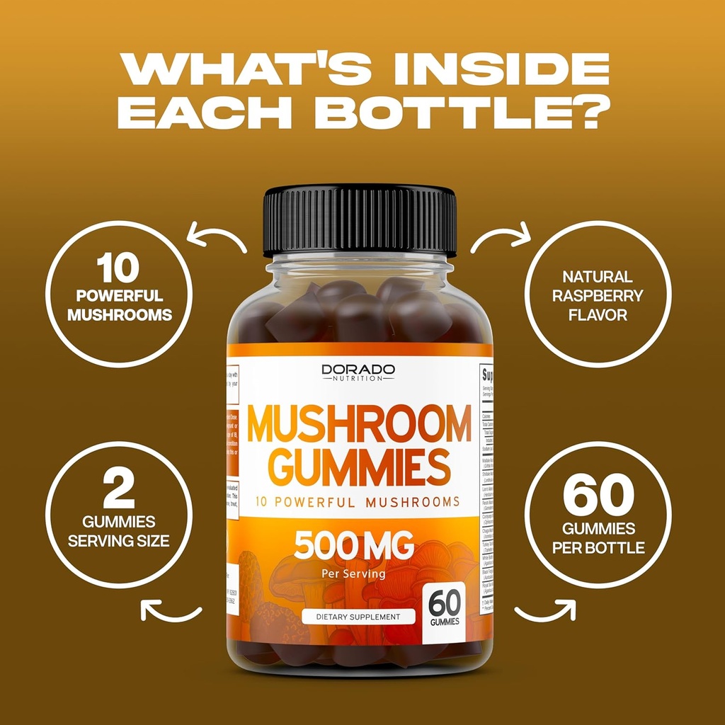 Mushroom Gummies 10 in 1 Blend (60 Gummies with Lions Mane, Cordyceps, Reishi & More Functional Mushrooms) Focus & Brain Gummy Mushroom Supplement - Vegan Safe & Third Party Tested - USA Made 5