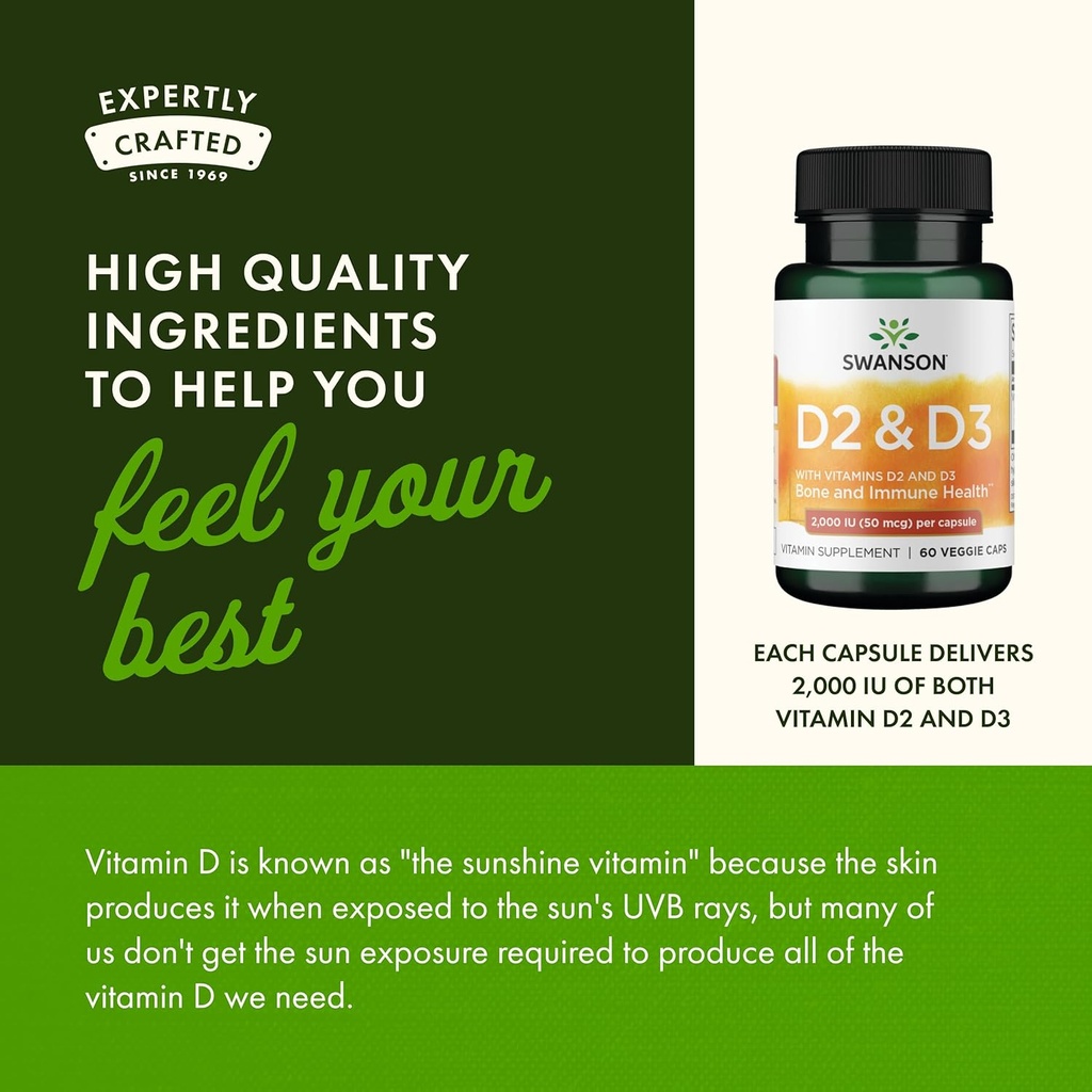 Swanson Vitamin D Complex with Vitamins D2 & D3 - Complete Sunshine Vitamin Complex for Bone, Dental & Immune Health - Vitamin Supplement (50 mcg, 60 Veggie Capsules) 6