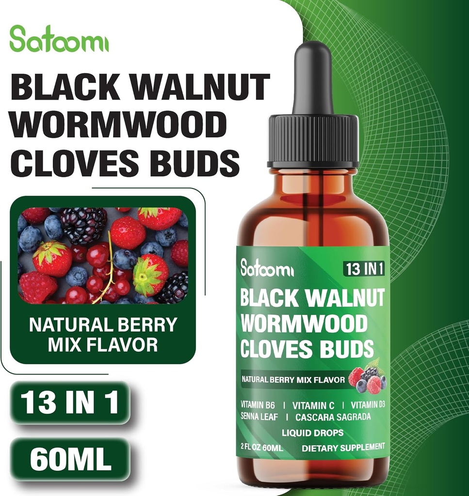 Satoomi 13in1 Black Walnut Liquid Drops with Wormwood, Cloves, Vitamin B6, Vitamin C, Vitamin D, Senna, Cascara Sagrada and 5 More - 2 Fl Oz for 60 Days - Berry Mix Flavor 6