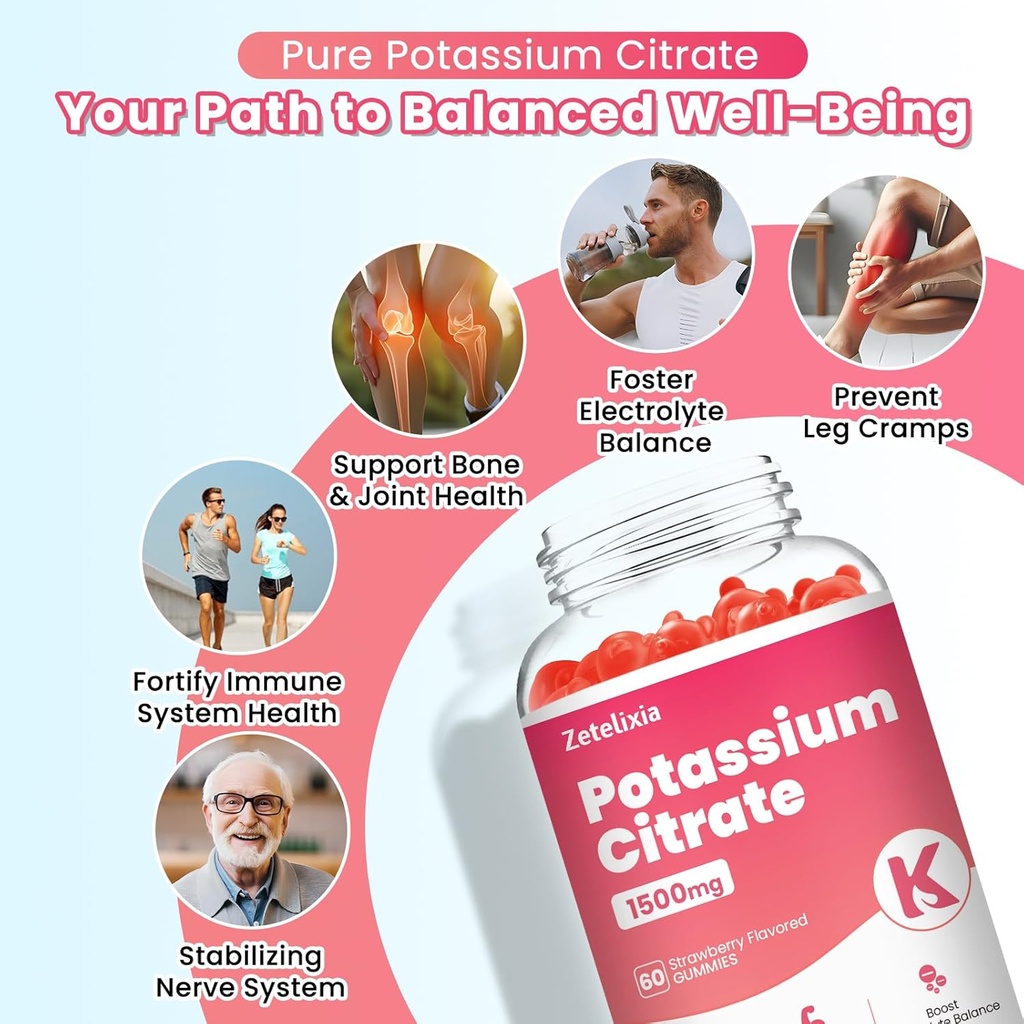 2 Pack Potassium Gummies for Adults Women & Men, Potassium Citrate Supplement, Support Leg Cramps, Muscle Health & Electrolyte Balance, Sugar Free, Organic, Vegan, Strawberry, 120 Cts 5