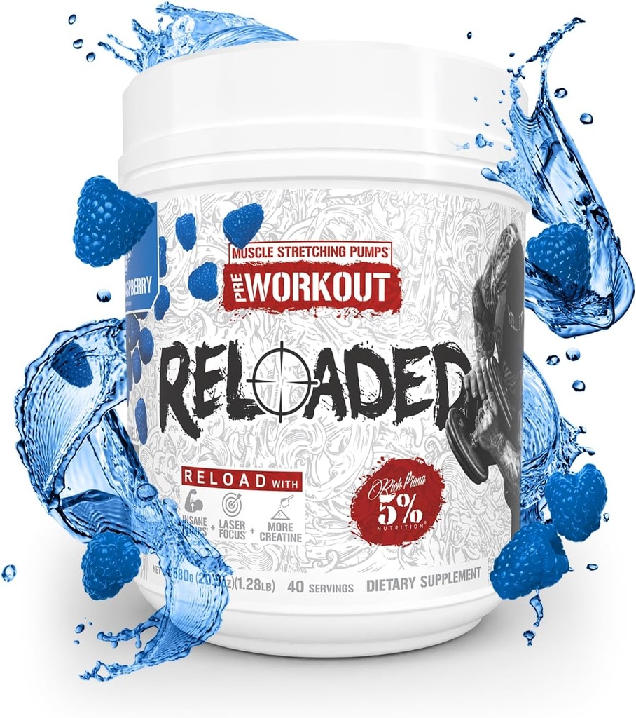 5% Nutrition Rich Piana Reloaded High Stim Pre-Workout | Ultra Energy, Focus, Pumps, Power & Endurance | Citrulline, GlycerSize, Nitrosigine, Creatine, Choline, Huperzine A (Blue Raspberry) 5