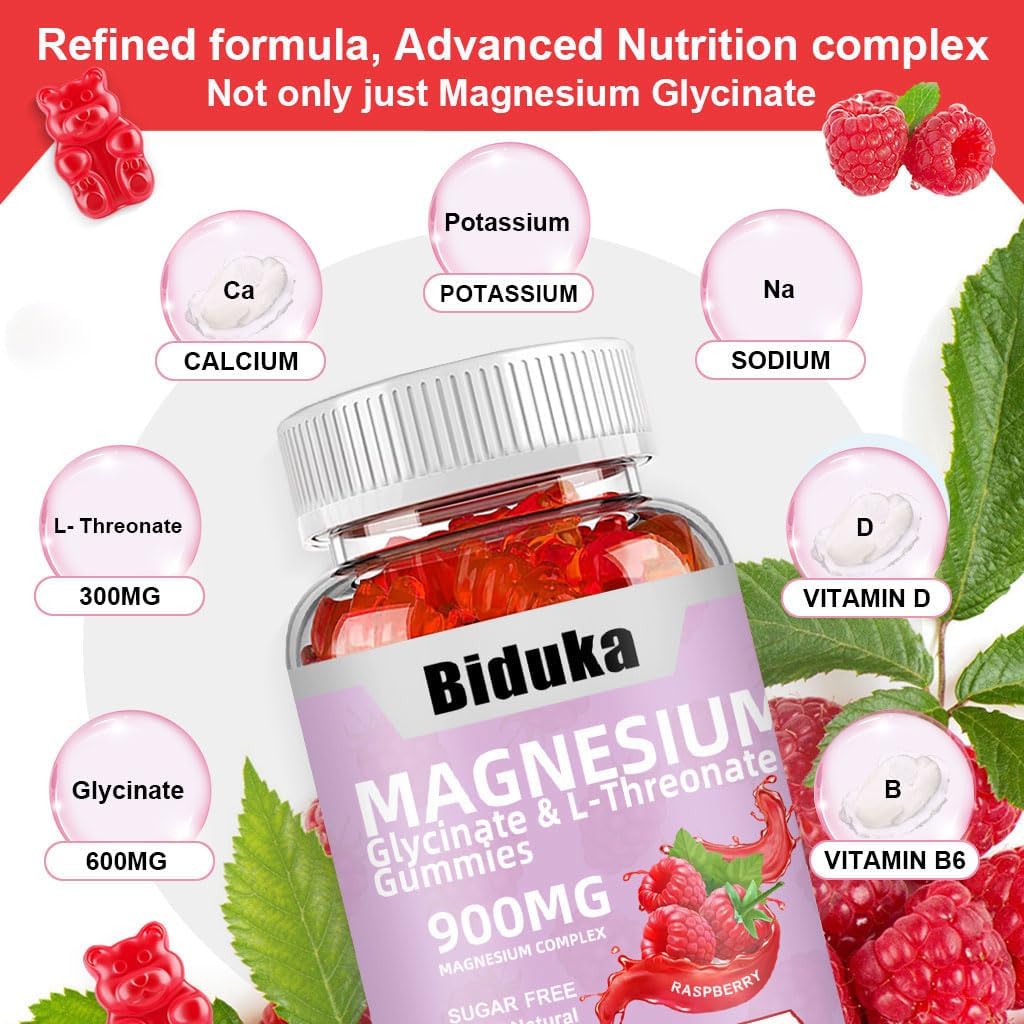 900mg Magnesium Complex 65 Raspberry Gummies, Sugar Free Magnesium Glycinate & L-Threonate Potassium Supplement with Vitamin D, B6, CoQ10 for Relaxation 6