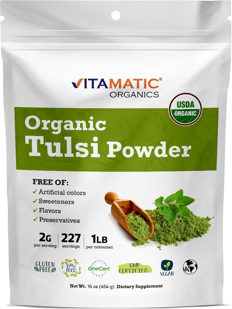 Vitamatic Certified USDA Organic Tulsi (Holy Basil) Powder – 1 Pound (16 Ounces) – Adaptogenic Herb for Stress, Immunity & Overall Wellness 2