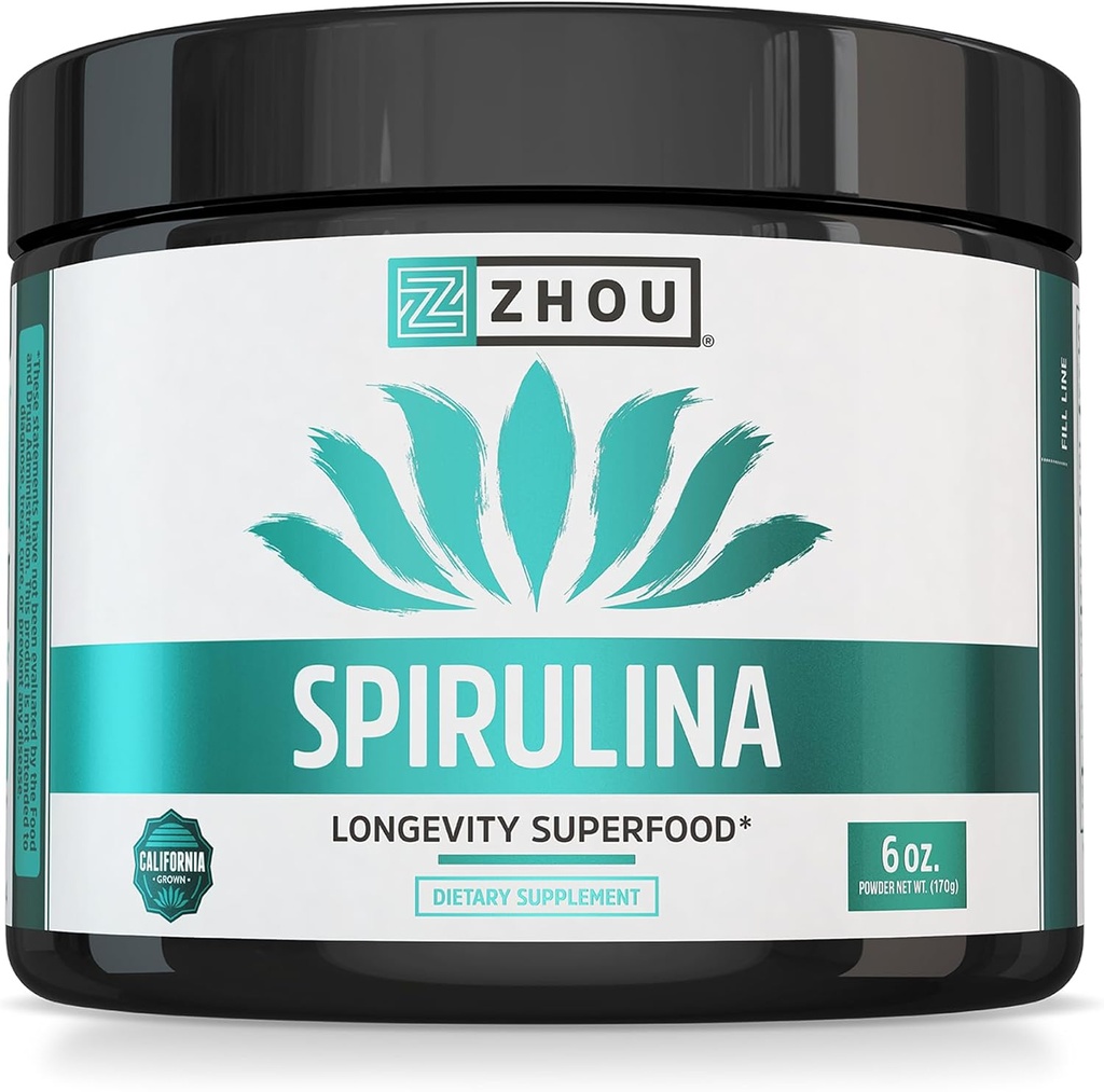Zhou Spirulina Powder - Blue Green Spirulina Superfood for Women & Men with Vegan Protein, Chlorophyll & Phycocyanin for Smooth Energy & Longevity, Drink Mix for Smoothies - 6 oz Jar (48 Servings) 2