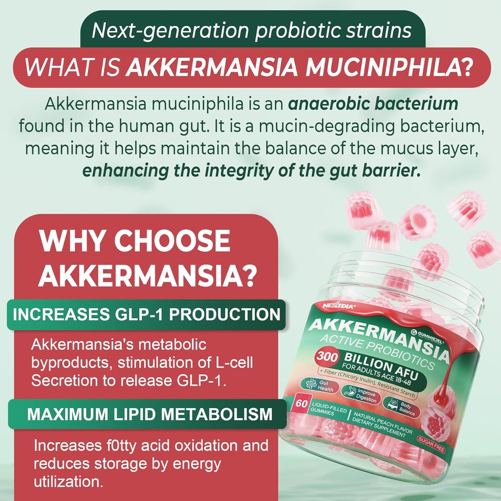Akkermansia Probiotics Gummies with Prebiotics Fiber, 300 Billion AFU Akkermansia Muciniphila, with Polyphenol Fruits, Resistant Starch, Vitamin A D3 B2 for Metabolism, Digestive & Gut Health, 1Pack 4