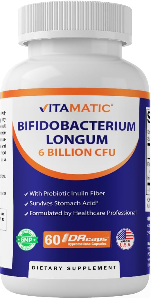 Vitamatic Bifidobacterium Longum 6 Billion CFU per DR Capsule - 60 Count - Promotes Intestinal Health - Made with Prebiotic Inulin Fiber 2