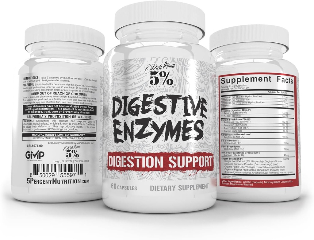 5% Nutrition Rich Piana Digestive Enzymes w/Vitamin B Complex | Enzymes for Protein, Carb, Fat, Fiber & Lactose Breakdown | Betaine, Bromelain, Papain (Papaya), Lipase, Lactase, 60 Veg Caps (30 Svgs) 3