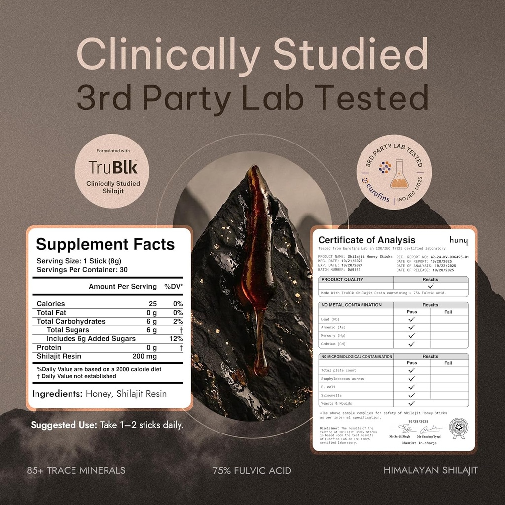 HUNY Bee Energized with Shilajit Honey Sticks | 85+ Trace Minerals for Clean Energy, Focus & Immune Support | Pure Himalayan Shilajit for Men & Women | 30 Count (Pack of 1) 5