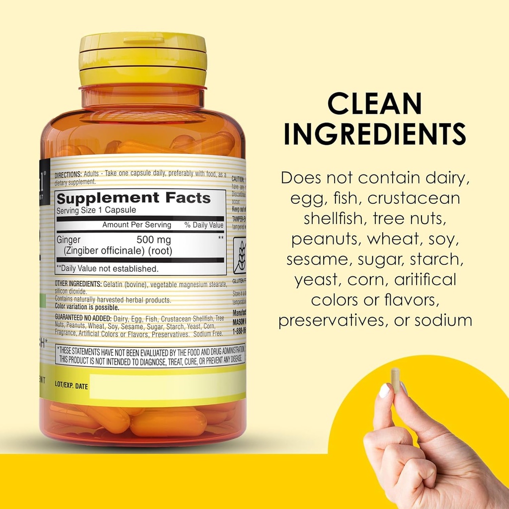 MASON NATURAL Whole Herb Ginger 500 mg, 6 Month Supply, Natural Herbal Supplement, 60 Capsules (3 Pack) 6