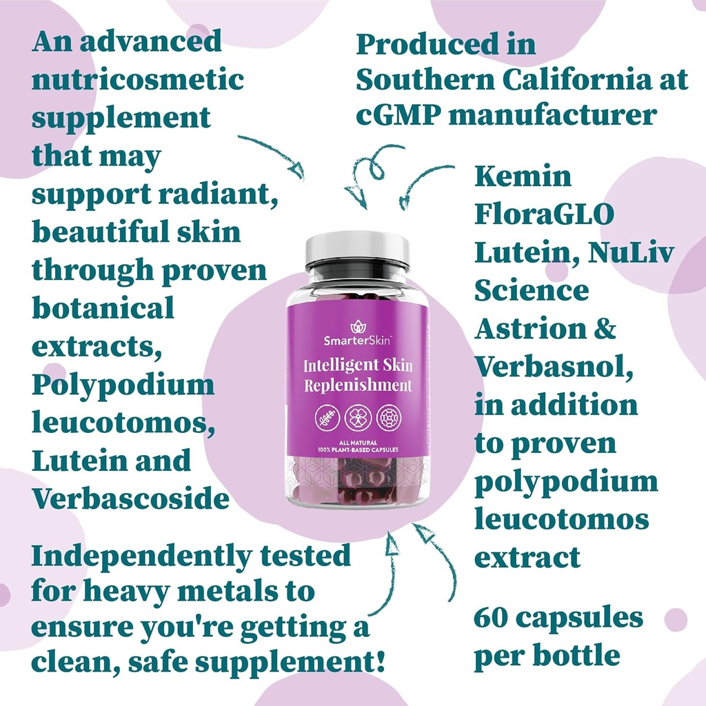 Smarter Skin, Nourishing Skin Health Within, Triple Combination of Polypodium Leucotomos Extract, FloraGLO, Verbasnol, 60 Vegan Capsules 6