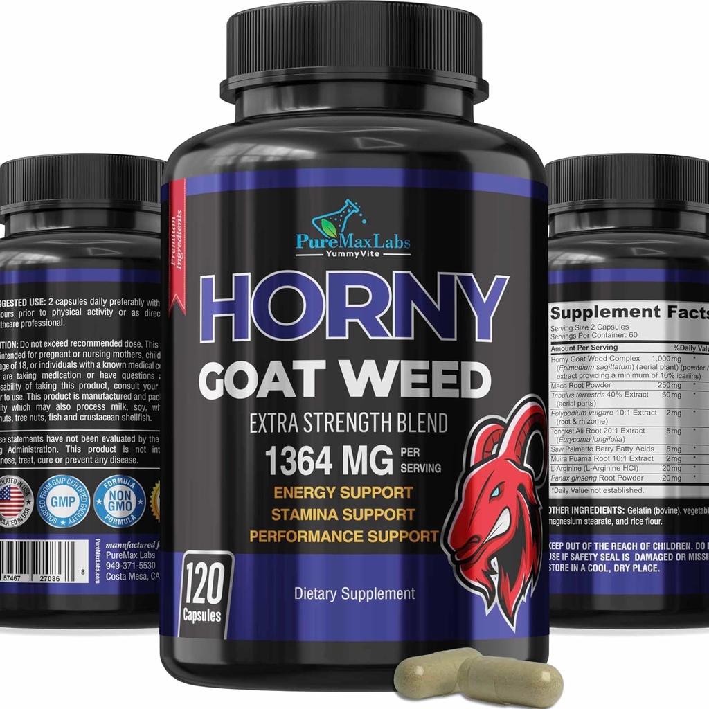 Horny Goat Weed Extra Strength -120 Capsules w. Maca, L-Arginine, Ginseng - Boost Desire, Performance, Stamina, Energy, Non-GMO Formula, 120 Capsules 2