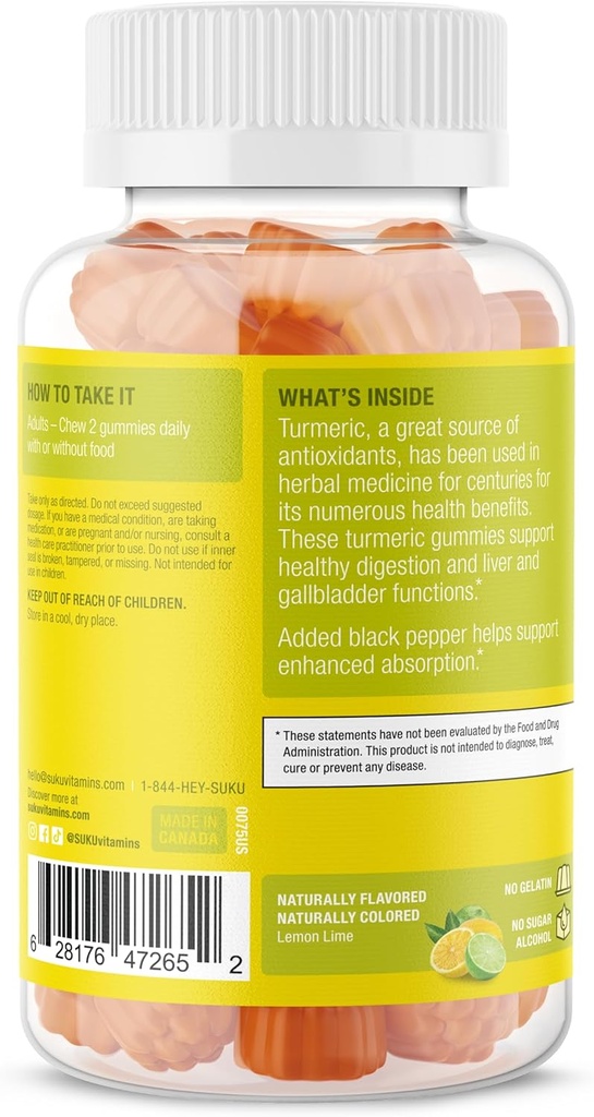 SUKU Turmeric Curcumin Sugar Free Gummies with 1003mg of Turmeric - Black Pepper Protects Liver, Improves Digestion, Inflammation Response & Joint Health – Lemon Lime Flavour (50 Gummies) 4