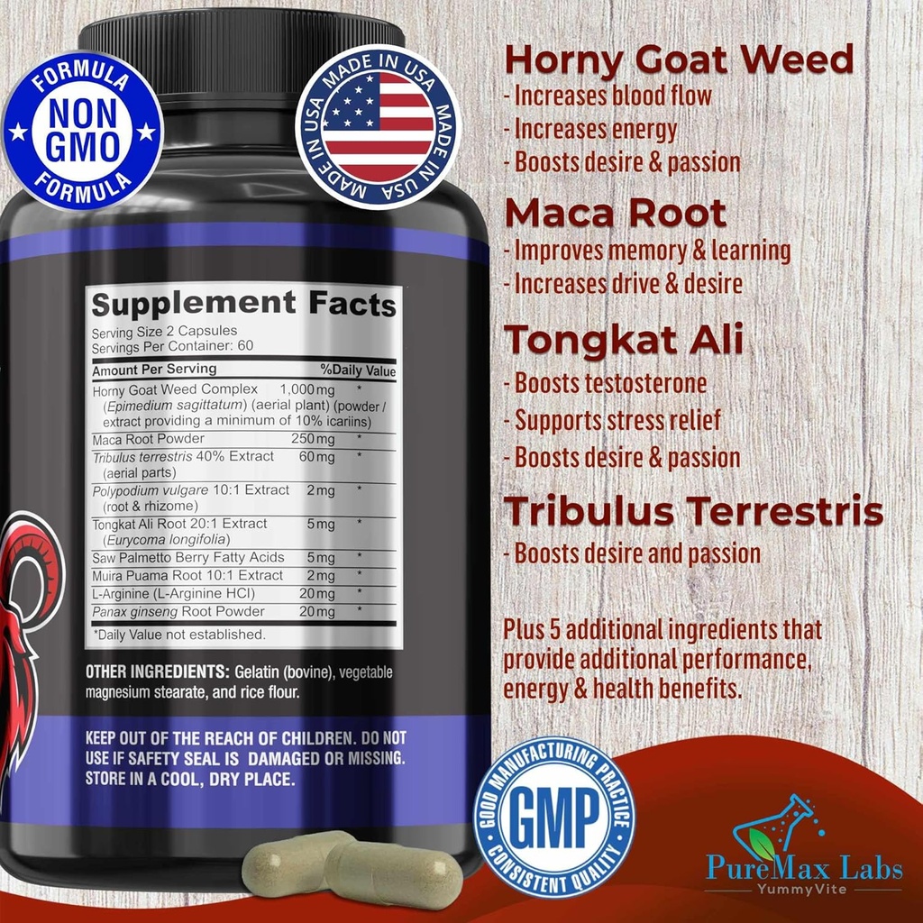 Horny Goat Weed Extra Strength -120 Capsules w. Maca, L-Arginine, Ginseng - Boost Desire, Performance, Stamina, Energy, Non-GMO Formula, 120 Capsules 3