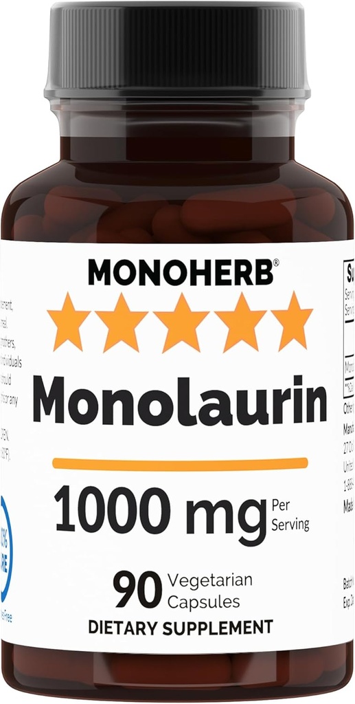 Monolaurin 1000 mg per Capsule - 90 Veg Capsules | Serving Size 2 Capsules: 1000 mg - 45 Servings 2