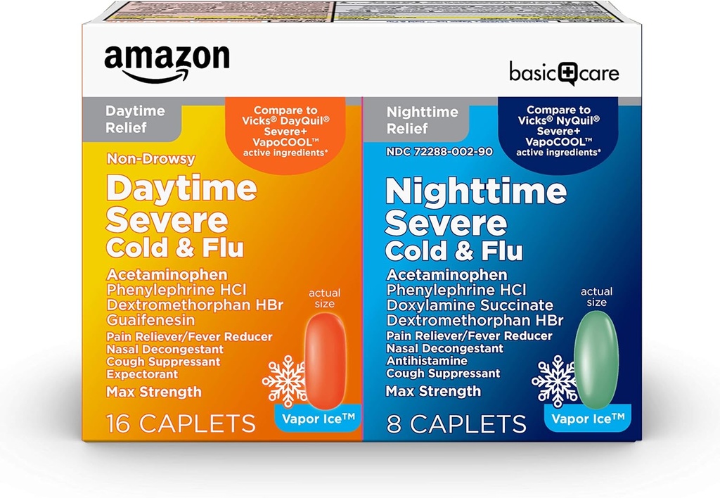 Basic Care Vapor Ice Daytime and Nighttime Severe Cold and Flu, Coated Caplets, Combo Pack, 24 Count 2