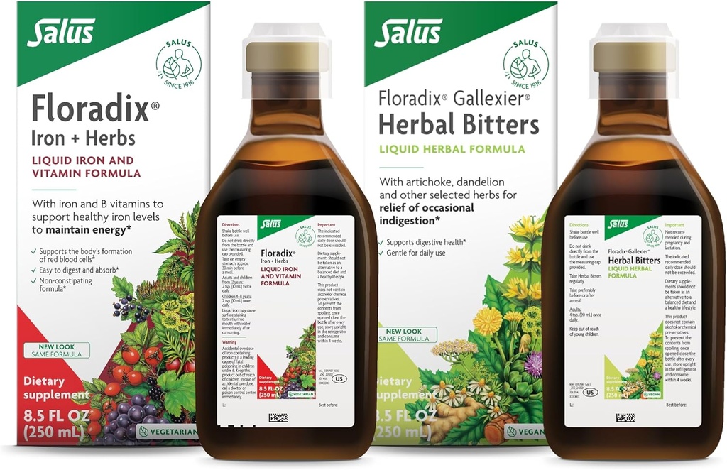 Floradix by Salus Gallexier Herbal Bitters (8.5 oz) & Iron & Herbs (8.5 oz) Bundle - Herbal Bitter for Digestive Support* - Iron Supplement for Healthy Energy Support* 2