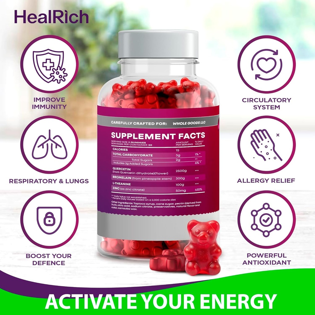 Quercetin Gummies - 2500MG Quercetin with Bromelain L-theanine & Zinc - Pure Supplement for Immune System Lung and Allergy Support - Immunity Booster Vegan Supplements for Kids & Adults - 2 Pack 4