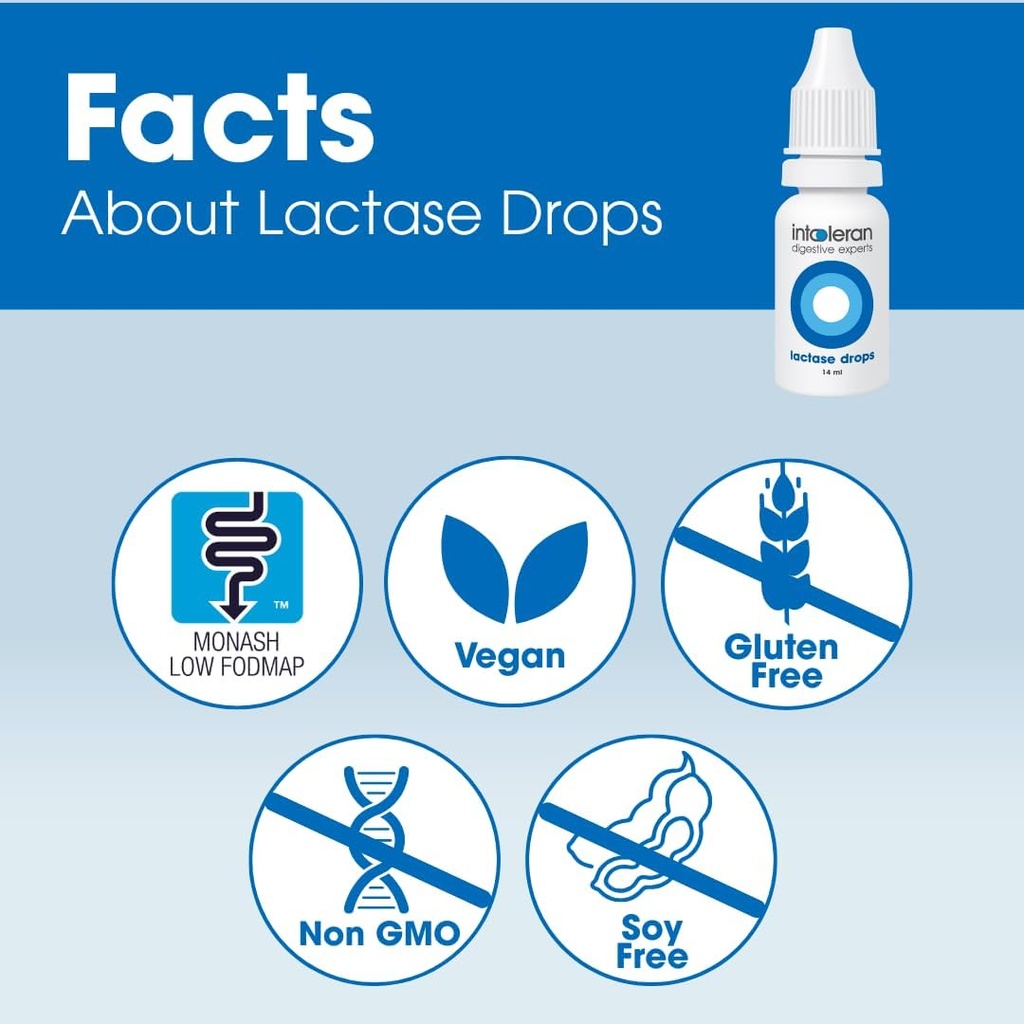 Intoleran Lactase Digestive Enzyme Drops - 0.47 FL Oz (14ml) | Liquid Lactase Enzyme for Lactose Intolerance | Makes Dairy Lactose-Free | Lactose-Free Cooking & Baking | Pure and Vegan | Low FODMAP 5