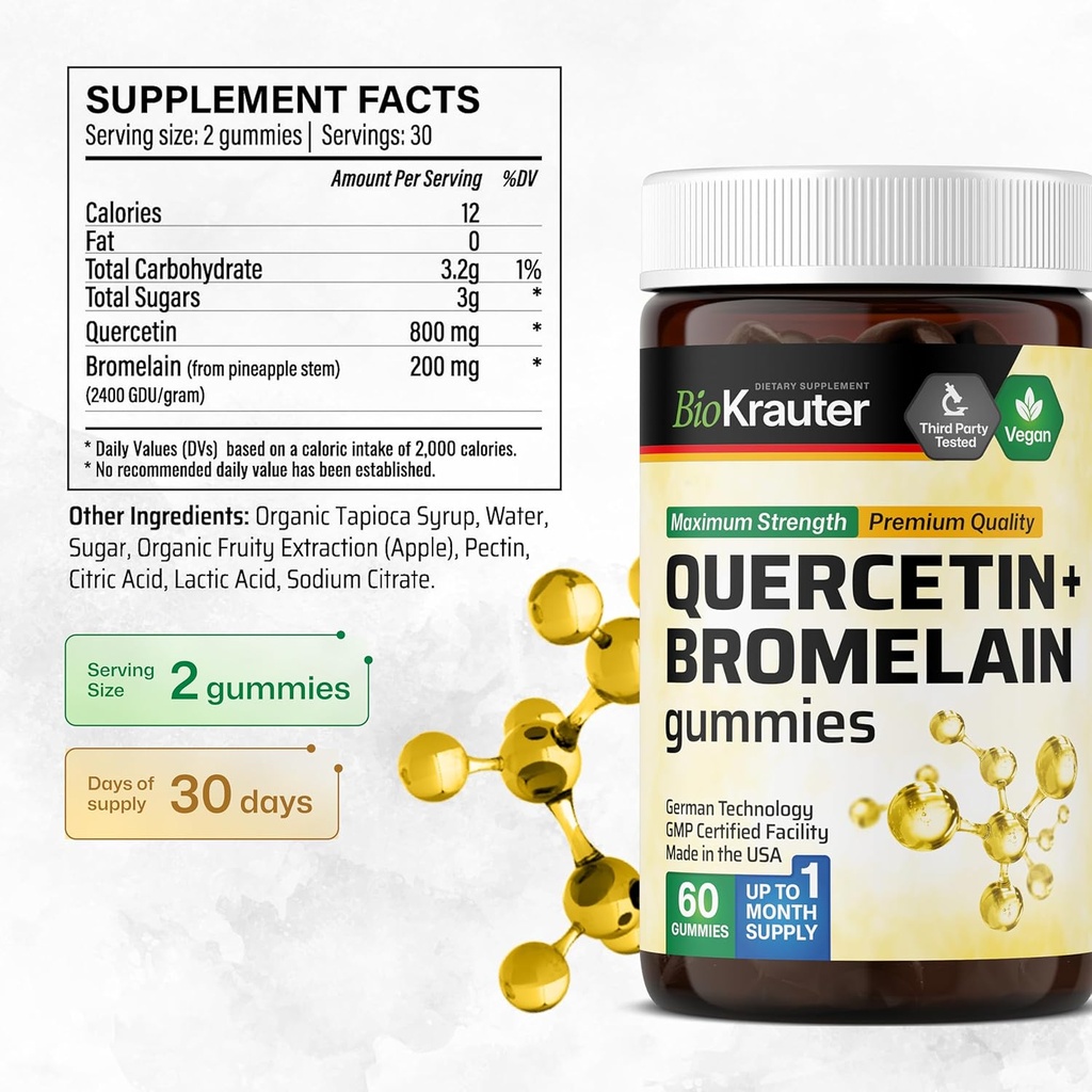 BIO KRAUTER Quercetin with Bromelain Gummies - 1000 mg Mix - 60 Vegan Chews - Quercetin Gummies - Vegan Immune Support - Source of Antioxidants - Gelatine-Free Formula 4