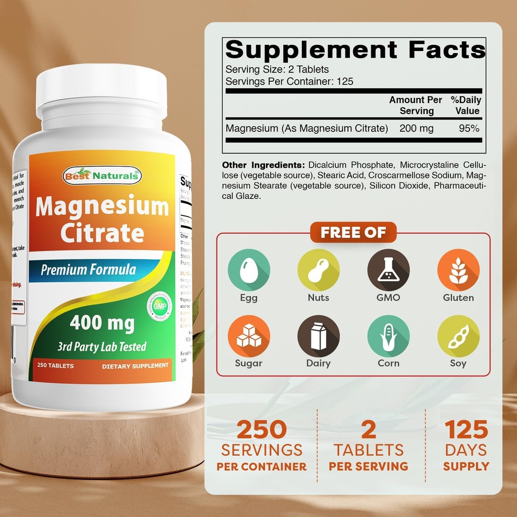 Best Naturals Magnesium Citrate (Citrato de Magnesio) 400mg 250 Tablets (400 mg of Elemental Magnesium per 2 Tablets) (1) 3