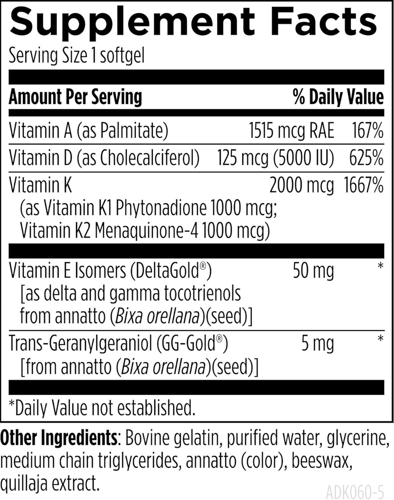 Designs for Health ADK Evail - 5000 IU VIT D3 with Vitamins A, E (Annatto Gamma Delta Tocotrienols), K (K1 + K2) - Fat Soluble Vitamin D Complex - Bone + Immune Support - Non-GMO (60 Softgels) 6