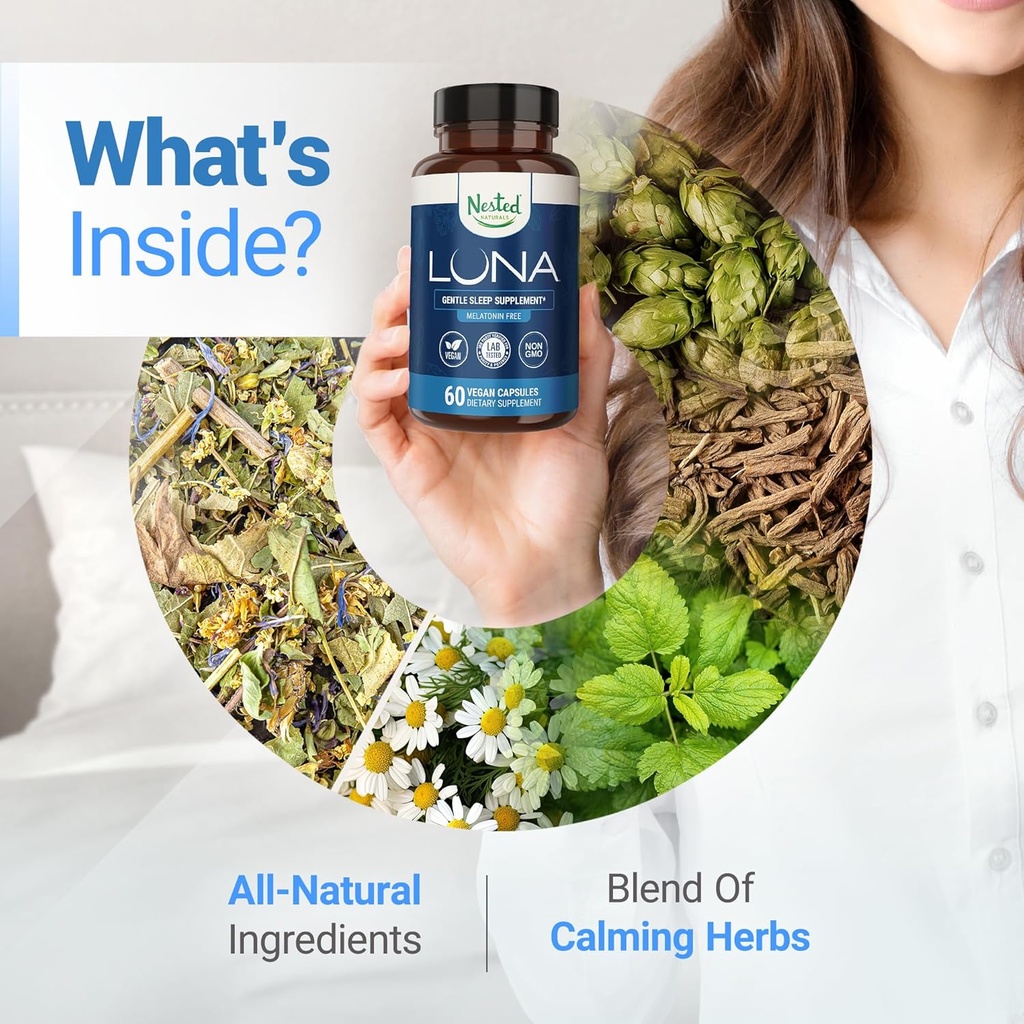 Nested Naturals Luna Sleep Supplement, Melatonin Free, Non-Habit Forming Herbal Sleep Supplement, Adult Bedtime Support, Help Sleeping w/Chamomile, Valerian, L-Theanine, 60 Vegan Capsules 5