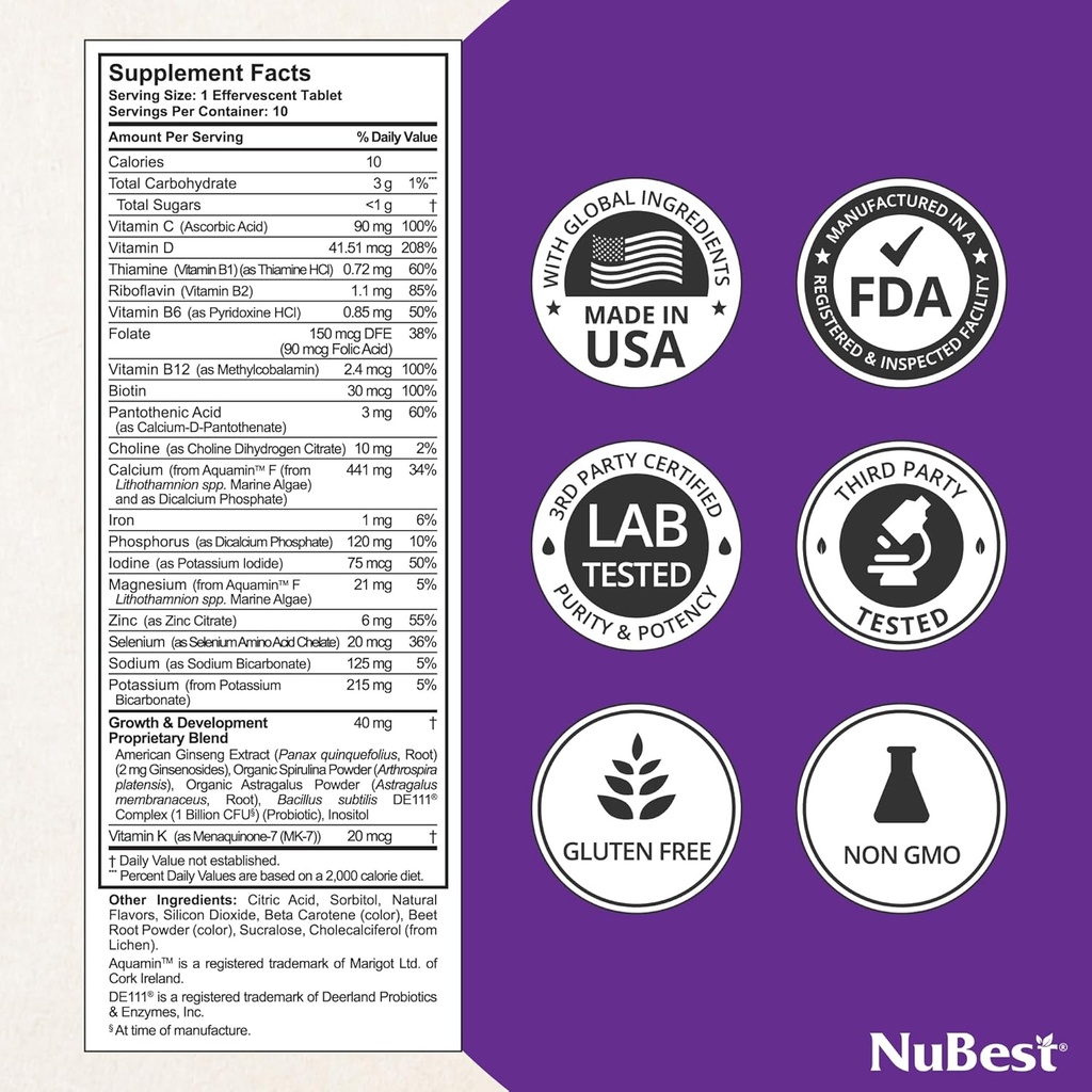NuBest Tall Fizzy - Bone Strength, Immunity, Digestive Health for Kids Age 4+ & Teens | Probiotic, Calcium, Magnesium from Red Marine Algae, Vitamins | 10 Orange Effervescent Tablets | 2 Weeks Supply 5