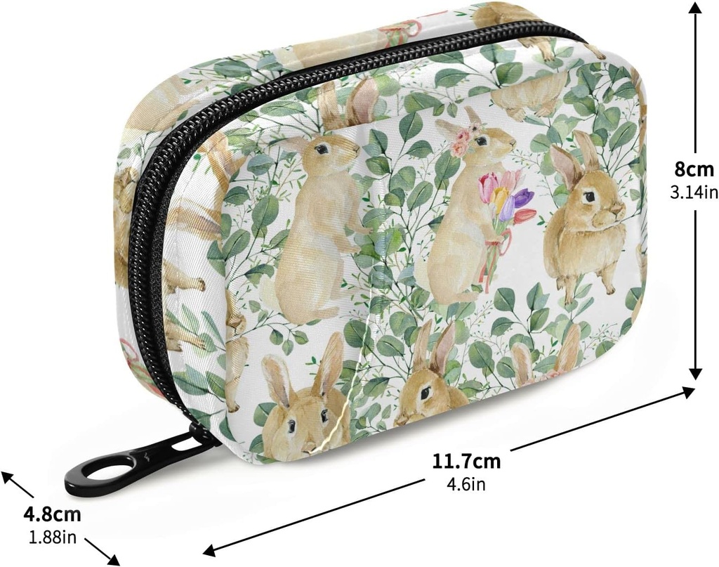 Watercolor Leaves Rabbits Pill Box 7 Day Pill Case Bag Travel Pill Organizer Bag with Zipper Pill Bag Portable Weekly Case Compact Size for Vitamin Supplement Holder 4