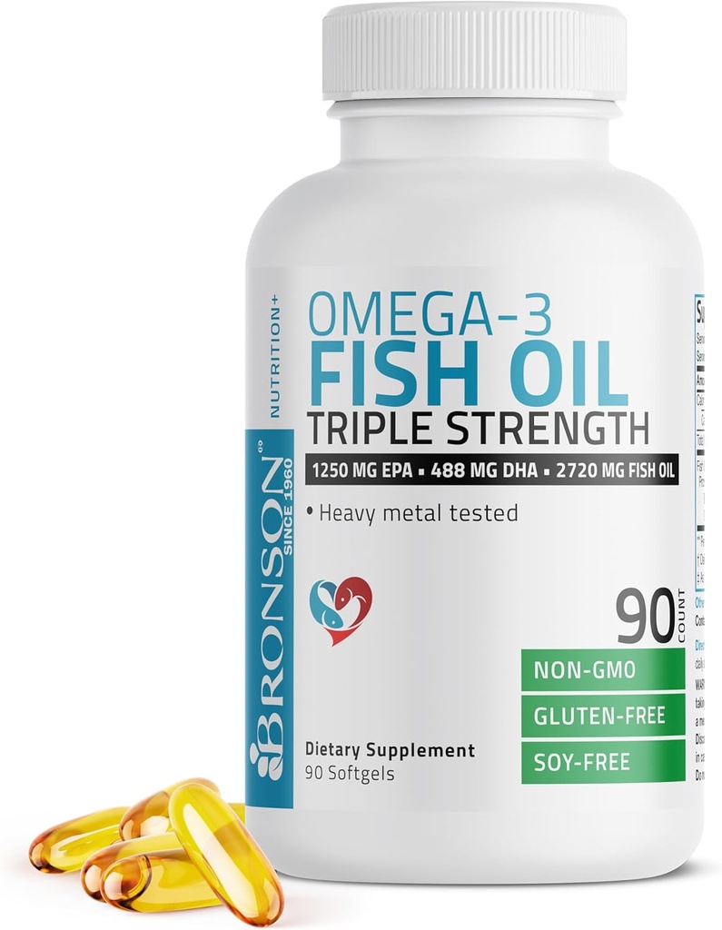 Bronson Omega 3 Fish Oil Triple Strength 2720 mg, High EPA 1250 mg DHA 488 mg, Non-GMO Heavy Metal Tested, 90 Softgels 2