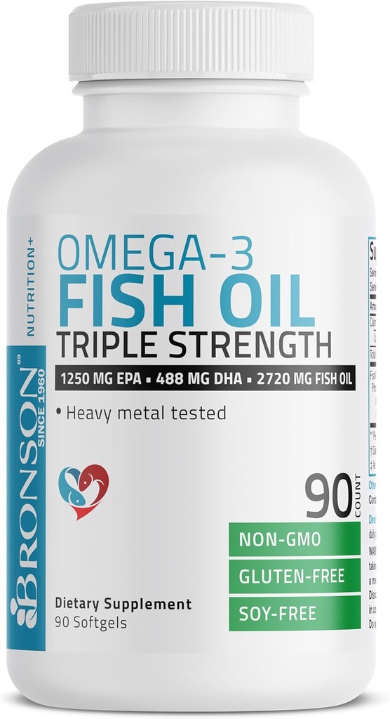 Bronson Omega 3 Fish Oil Triple Strength 2720 mg, High EPA 1250 mg DHA 488 mg, Non-GMO Heavy Metal Tested, 90 Softgels 4