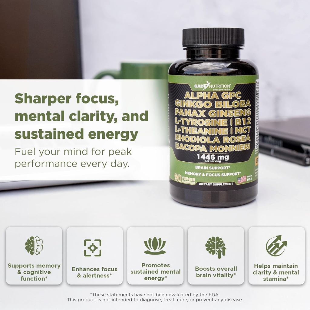 Gade Nutrition Alpha GPC + Ginkgo Biloba + Panax Ginseng + L- Tyrosine, L-Theanine, Bocopa Monnieri, Rhodiola Rosea, B12, MCT 3