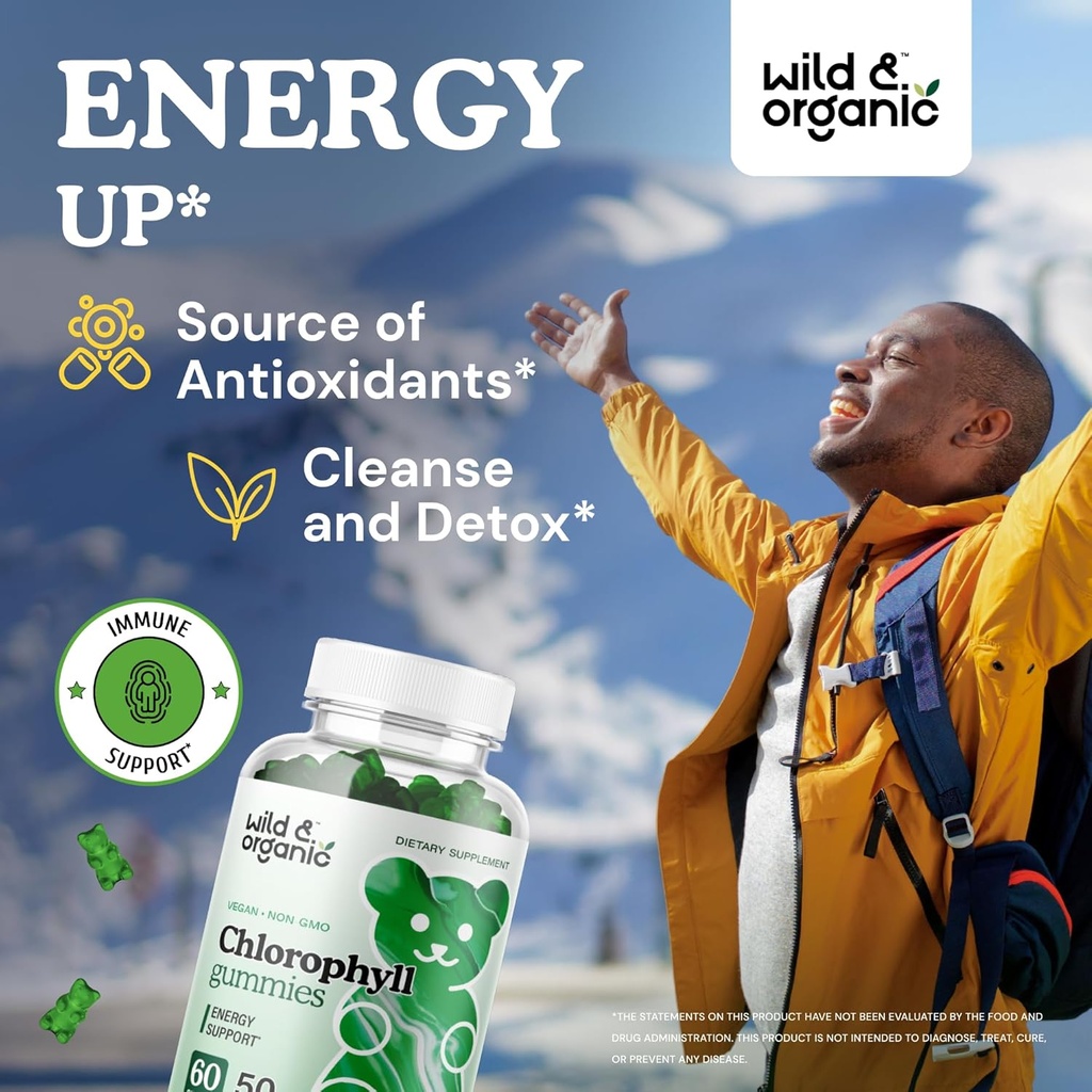 Wild & Organic Chlorophyll Gummies 50mg - Detox Cleanse Supplements w/Sodium Copper Chlorophyllin - Internal Deodorant w/Chlorophyll Powder - Vegan, Non-GMO - 60 Herbal Chews 3