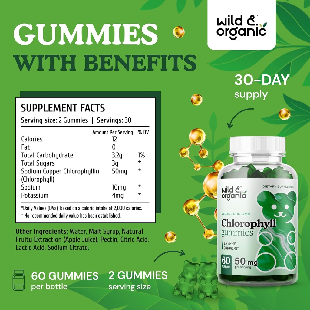 Wild & Organic Chlorophyll Gummies 50mg - Detox Cleanse Supplements w/Sodium Copper Chlorophyllin - Internal Deodorant w/Chlorophyll Powder - Vegan, Non-GMO - 60 Herbal Chews 4