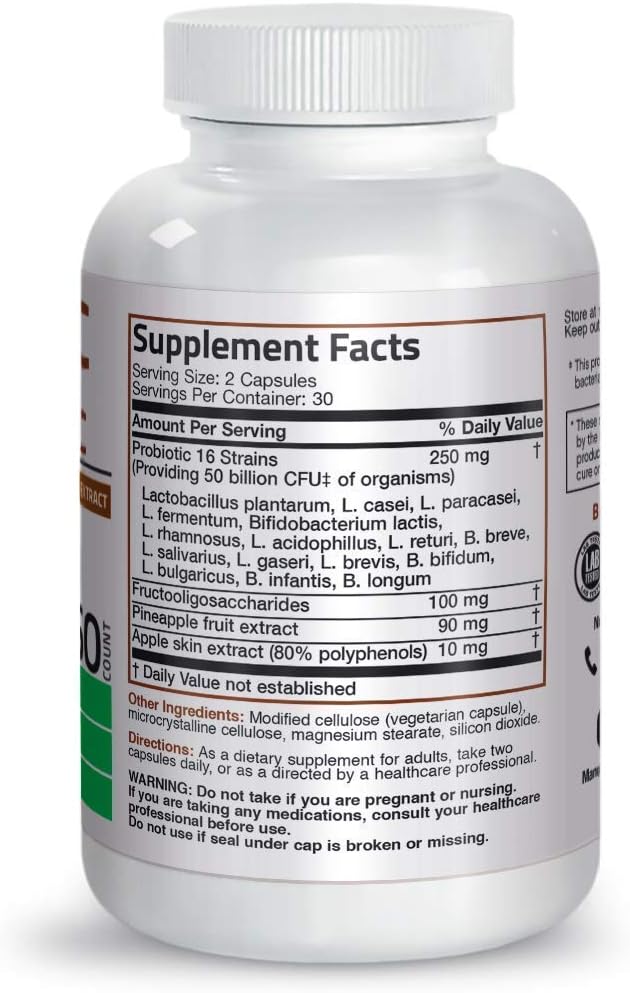 Bronson Probiotic 50 Billion CFU + Prebiotic with Apple Polyphenols & Pineapple Fruit Extract + Vitamin B Complex Sustained Release 5