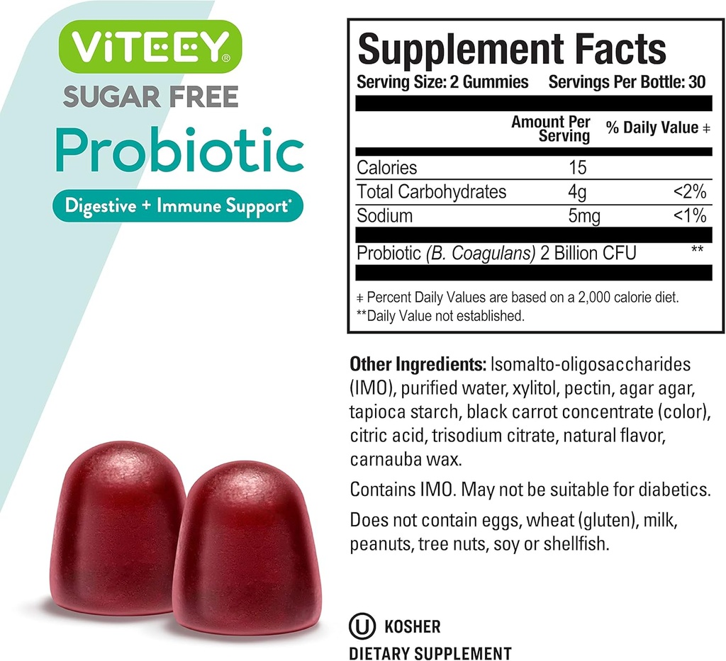 Viteey Probiotic Gummies for Women, Men & Teens, 2 Billion CFUs - Sugar Free - Immune Booster, Digestive Support, Gut Health - Vegan, Gelatin Free, GMO Free - Tasty Chewable Raspberry Flavored Gummy 5
