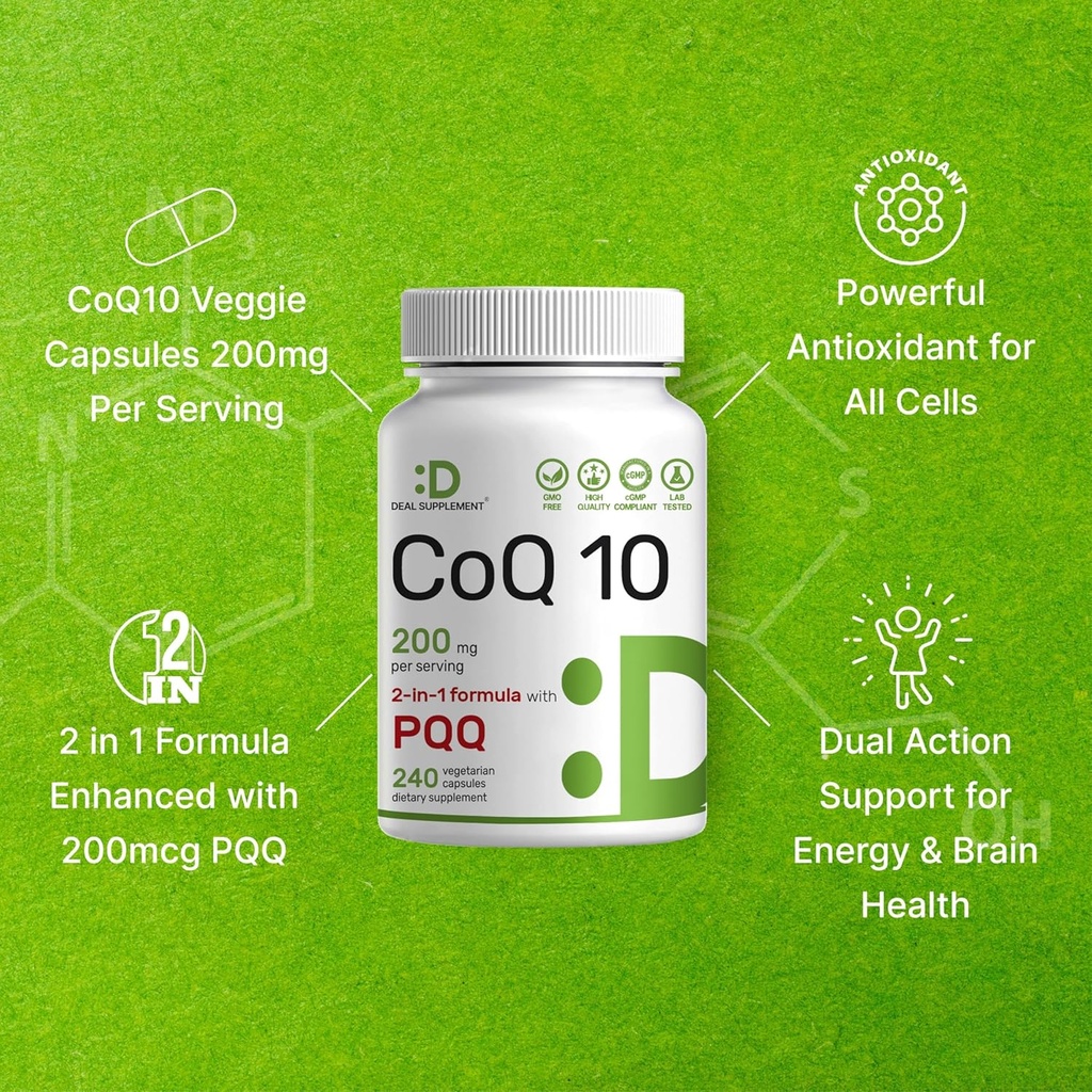 DEAL SUPPLEMENT CoQ10 200mg with PQQ 200mcg, 240 Veggie Capsules | Bioavailable Coenzyme Q10 Complex | Supports Heart, Energy & Brain Health | Antioxidant Support | Non-GMO 5
