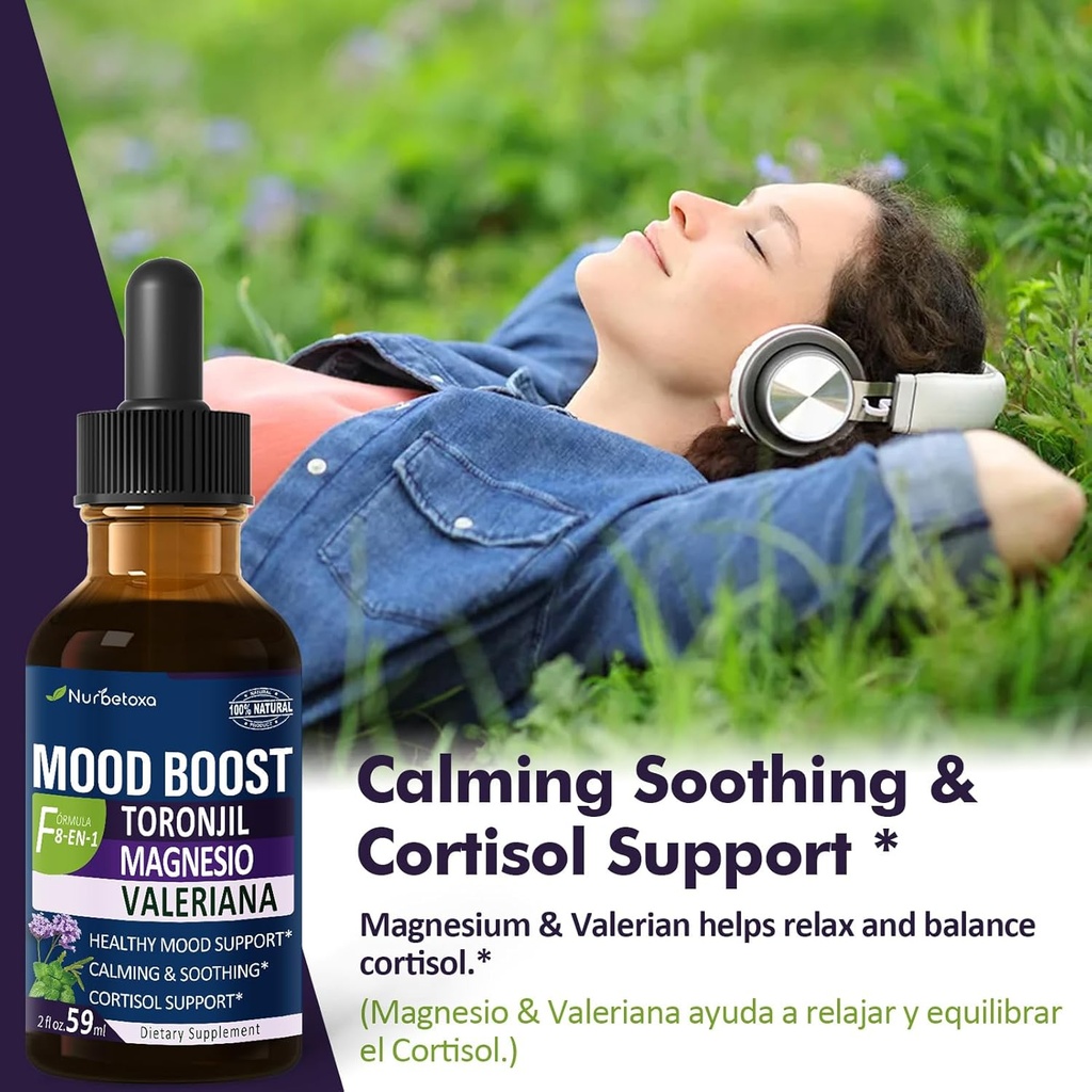 Lemon Balm Mood Boost Drops, Gotas de Citrato de Magnesio, Toronjil y Valeriana para Dormir y Ansiedad, Natural Calm, Cortisol Balance, Promotes Relaxation w/Magnesium Extract Liquid.2oz 3