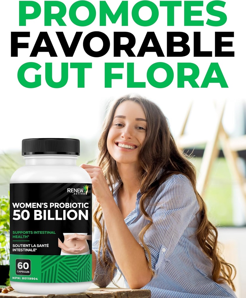 RENEW ACTIVES Probiotics for Women 50 Billion CFU per 2 Capsules – MAKTREK Technology, 4 Probiotic Strains & Prebiotic Blend– Supports Digestion Health & Gut Flora Balance– Made in Canada– 60 Capsules 3