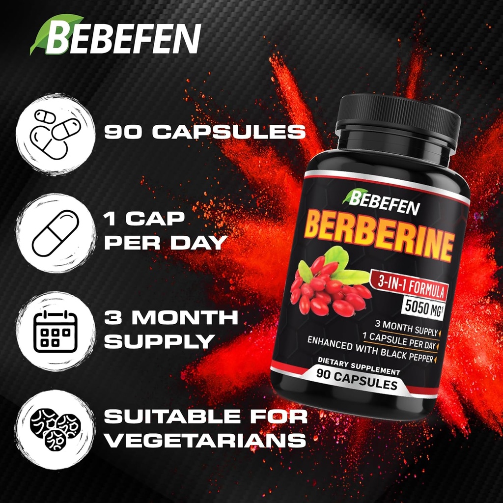 BEBEFEN Berberine Capsules with Black Pepper Extract - 90 Capsules - 3 Month Supply 6