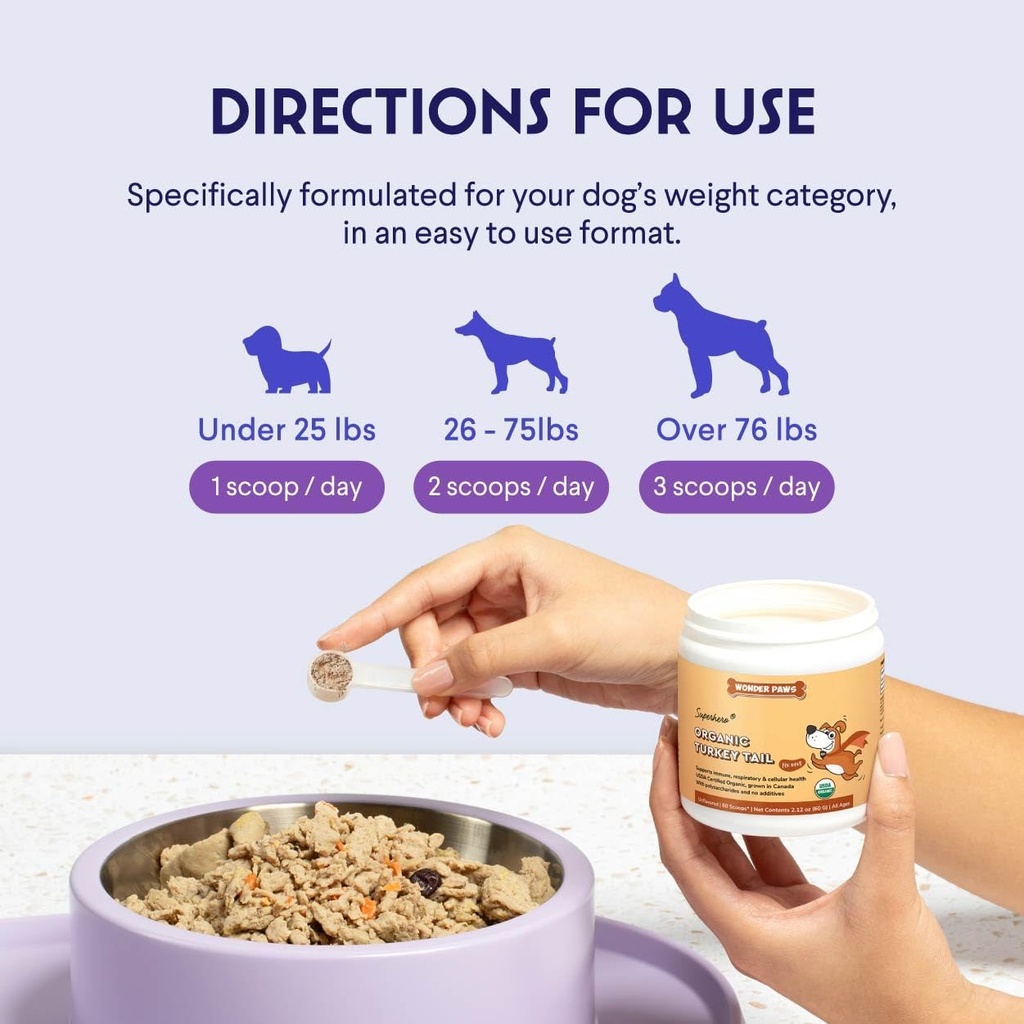 Wonder Paws Organic Turkey Tail Mushroom for Dogs – Powerful Turkey Tail for Dogs Mushroom Powder for Immunity, Respiratory, Digestion & Cellular Health–with Beta Glucans & Polysaccharides- 2.12 oz 6