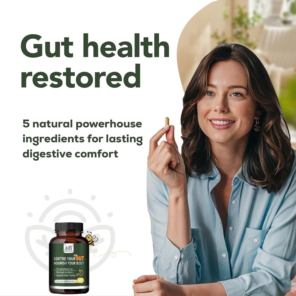 Herbal BEE Gut Health - Gas and Bloating Relief, Constipation, Leaky Gut Repair - Gut Cleanse & Restore Digestion - Promote Regularity, Colon Cleanser, 60 Capsules 4