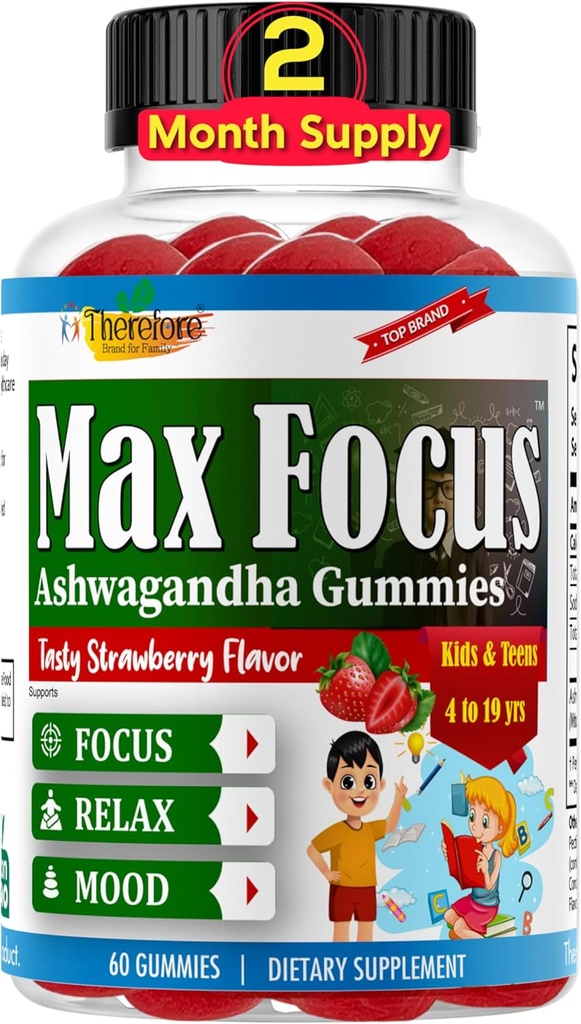 Therefore Max Focus Ashwagandha Calm & Focus Gummies for Kids & Teens, Support Calm Mood, Relaxation, Anti Stress, Memory, Energy, Relaxation, Low Sugar Vegan, Fruity Flavored- 60 Gummies 2