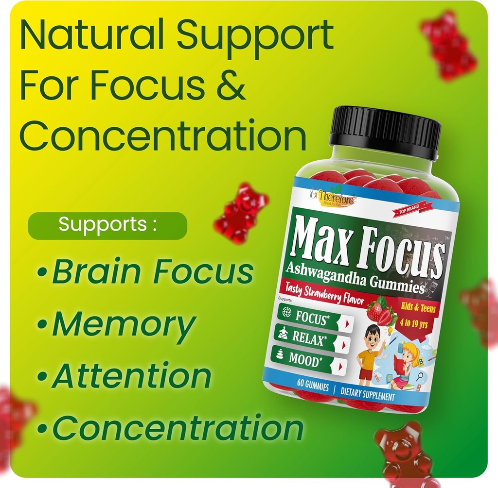 Therefore Max Focus Ashwagandha Calm & Focus Gummies for Kids & Teens, Support Calm Mood, Relaxation, Anti Stress, Memory, Energy, Relaxation, Low Sugar Vegan, Fruity Flavored- 60 Gummies 3