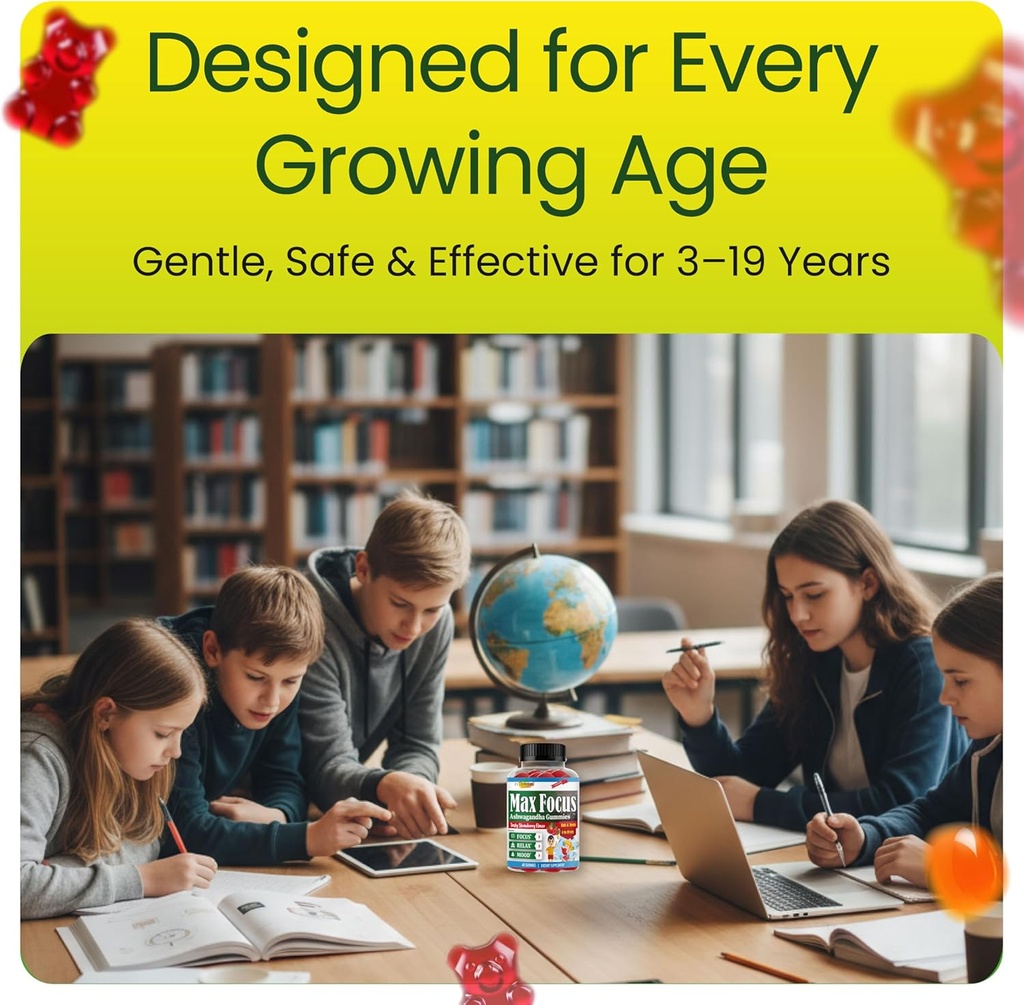 Therefore Max Focus Ashwagandha Calm & Focus Gummies for Kids & Teens, Support Calm Mood, Relaxation, Anti Stress, Memory, Energy, Relaxation, Low Sugar Vegan, Fruity Flavored- 60 Gummies 6